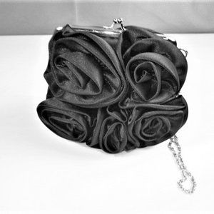 Black Satin Flowers Hinged Cocktail Purse